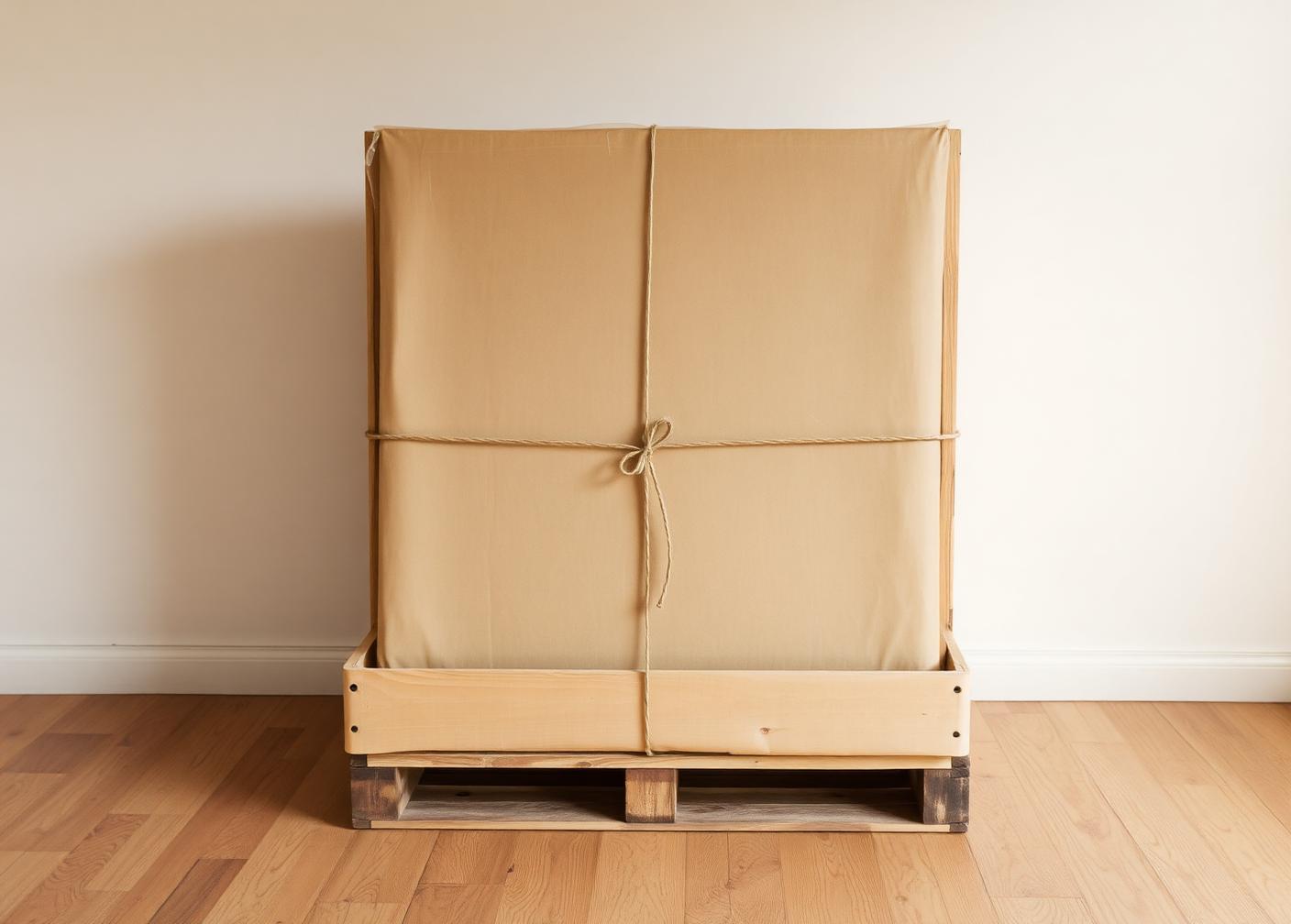 Painting wrapped in kraft paper inside a wooden shipping crate